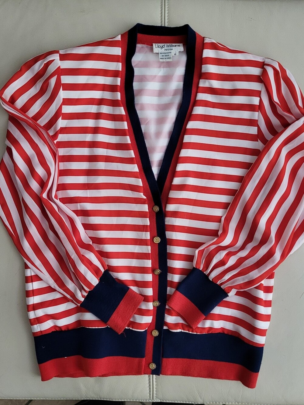 Vintage Lloyd Williams Petite Red White Striped V-Neck Blouse/Cardigan NWOT 6P